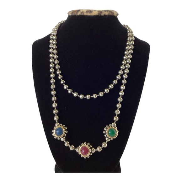 Gripoix Style Silver Tone Bead Ball Chain Multicolor 3 Ball Pendant 18" Necklace - Picture 7 of 16